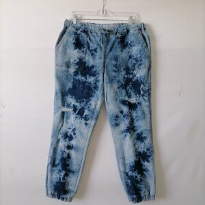 Cato Womens Blue High Rise Drawstring Shredded Hole Acid Tie Dye Pant Size 12